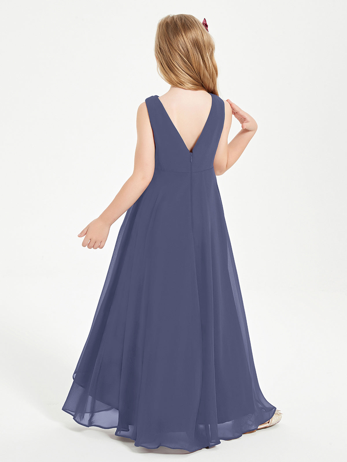 Modern Asymmetrical Cowl Neck Junior Bridesmaid Dresses Stormy